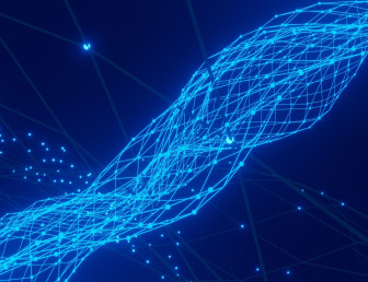 Abstract blue lines and dots on a dark background, forming a digital net.