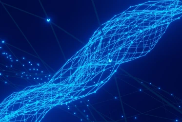 Abstract blue lines and dots on a dark background, forming a digital net.