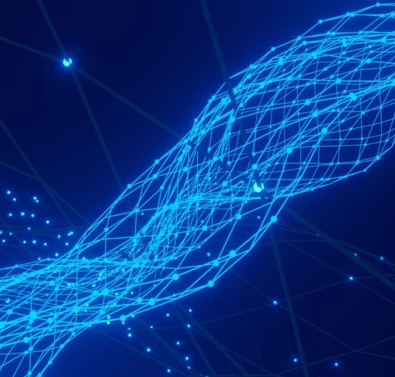 Abstract blue lines and dots on a dark background, forming a digital net.