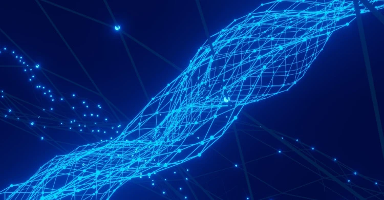 Abstract blue lines and dots on a dark background, forming a digital net.