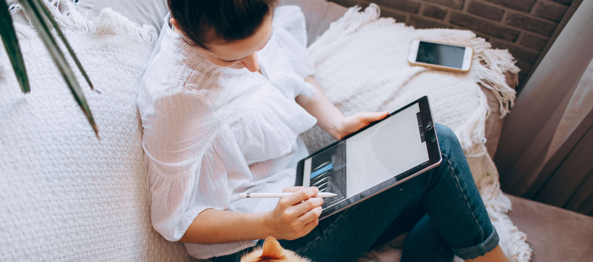 woman in casual clothing sitting on the sofa with cat and working from home