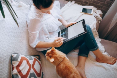 woman in casual clothing sitting on the sofa with cat and working from home