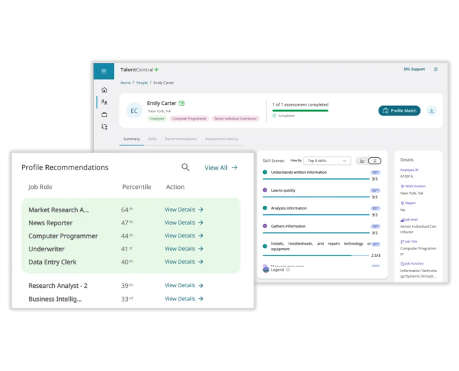 shl talent profile with recommended roles preview