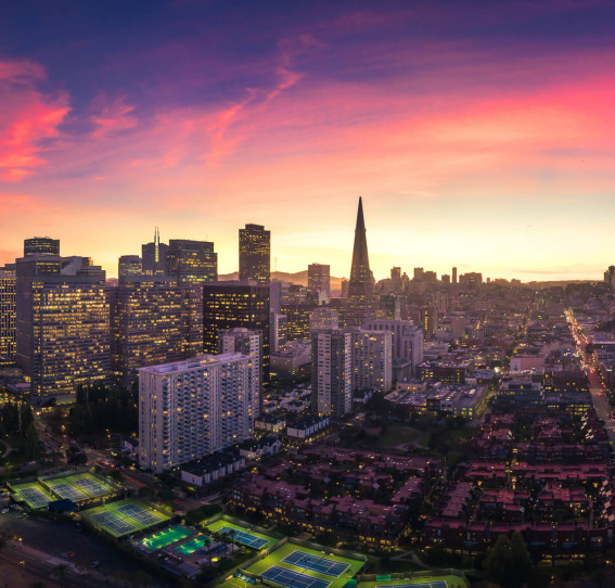 panorama aerial view of downtown san francisco at sunset