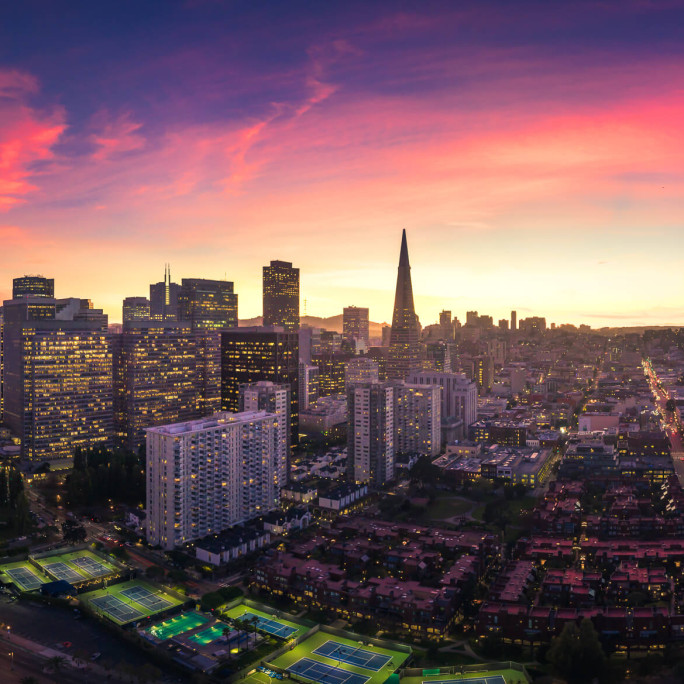 panorama aerial view of downtown san francisco at sunset