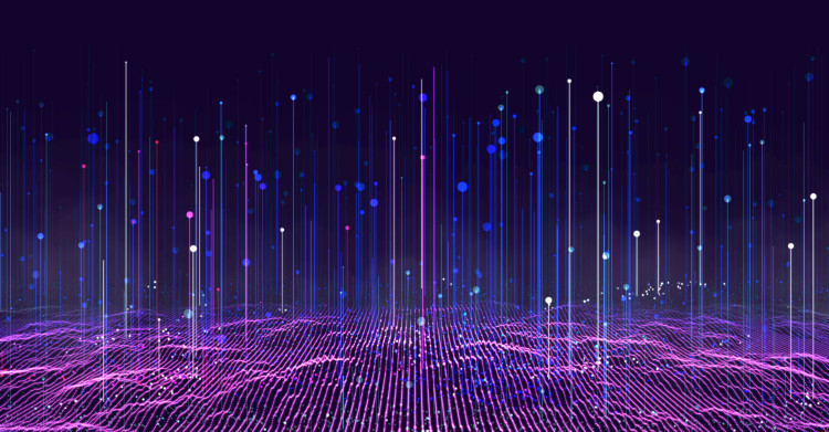 several multi-coloured dots with lines connected to a purple striped surface