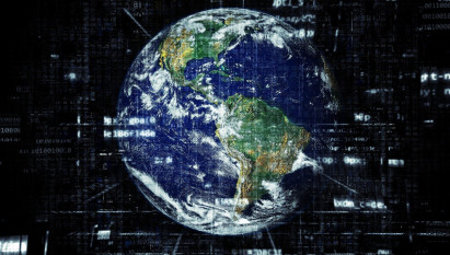 planet earth with shades of technology and code on a black background