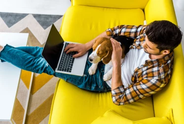 birds eye view of man in casual clothing sitting on a yellow sofa with laptop and dog on his lap