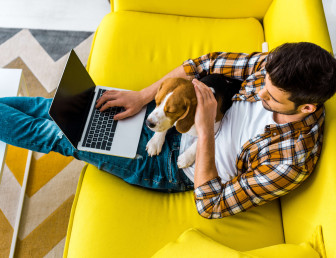 birds eye view of man in casual clothing sitting on a yellow sofa with laptop and dog on his lap