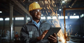man smiling in factory wearing a helmet and protective wear with iPad in hand