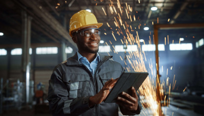 man smiling in factory wearing a helmet and protective wear with iPad in hand