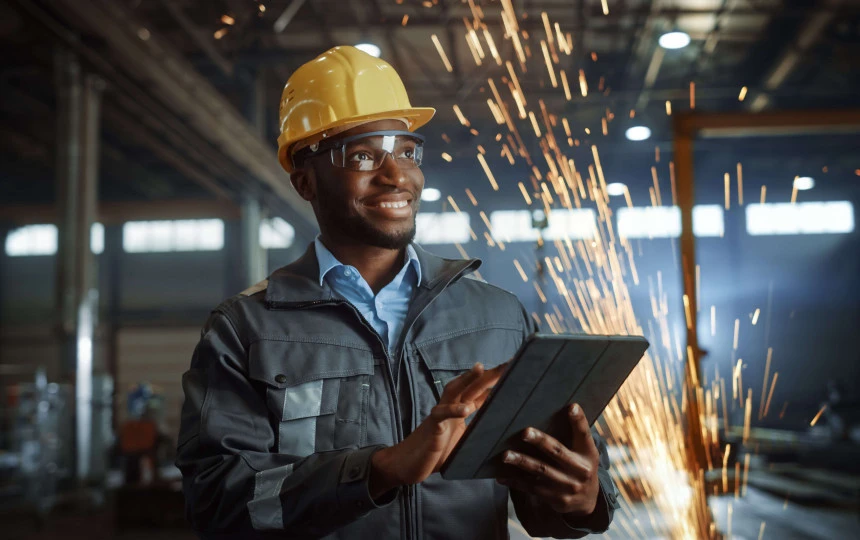 man smiling in factory wearing a helmet and protective wear with iPad in hand