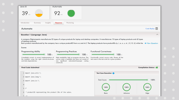 Coding Skills Test Results Page Technology Hiring Solutions Page