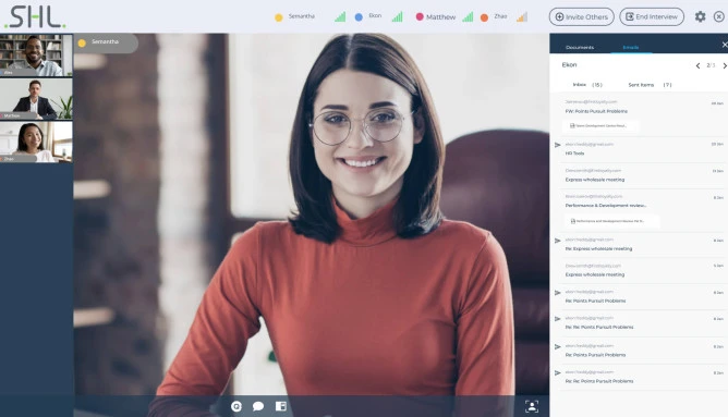 desktop screenshot of an online interview between a woman and three others 