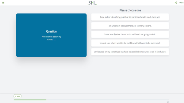 desktop screenshot of a job focused assessment question with five possible answers