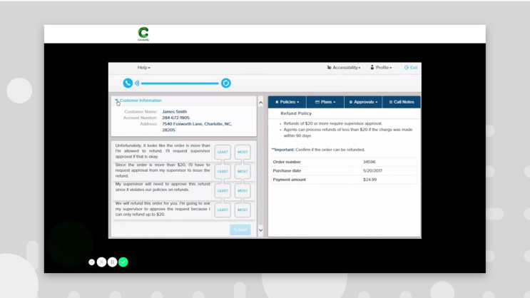 desktop screenshot of contact center simulation dashboard with multiple choice responses