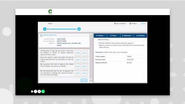 desktop screenshot of contact center simulation dashboard with multiple choice responses