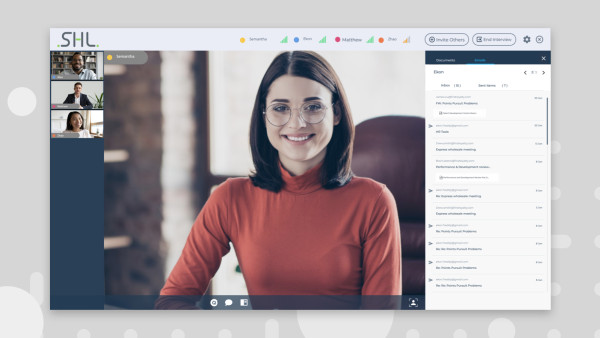 desktop screenshot of an online interview between a woman and three others