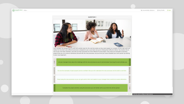 desktop screenshot of three women at a table with language assessment questions and answers below