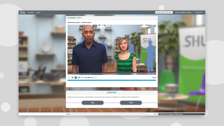 desktop screenshot of a situational judgement test question in 3D animation with two possible answers