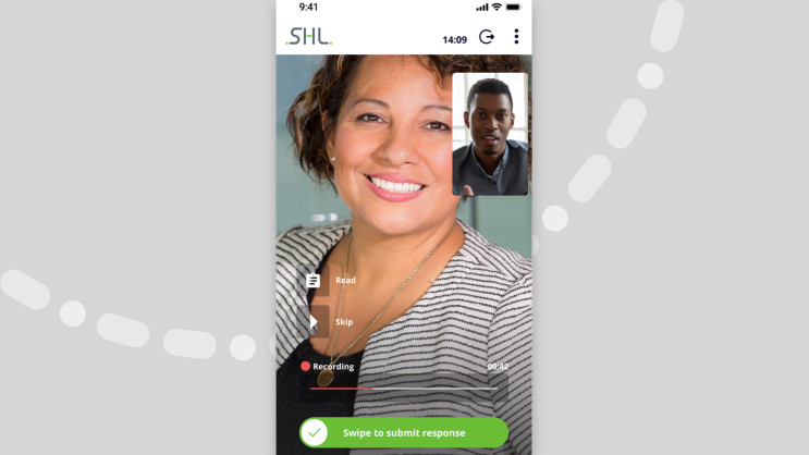 mobile screenshot of two people in an interview with a prompt for the user to swipe and submit a response