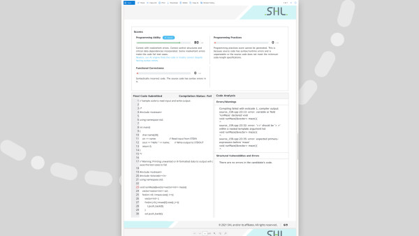 tablet screenshot of technology hiring insights with examples of code submitted