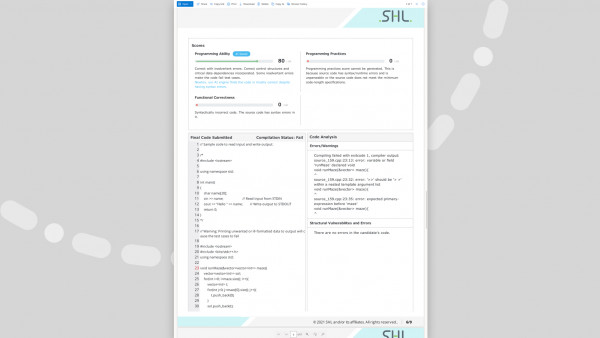 tablet screenshot of technology hiring insights with examples of code submitted