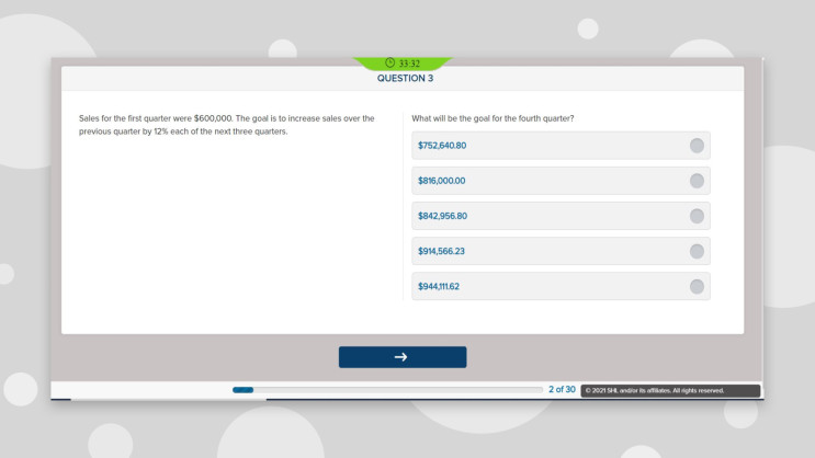 desktop screenshot of a numerical ability question about sales with 5 possible answers