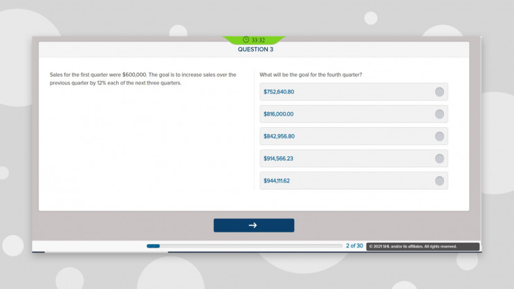 desktop screenshot of a numerical ability question about sales with 5 possible answers