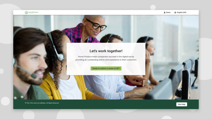 desktop screenshot of five people working at a call center with the caption saying "let's work together"