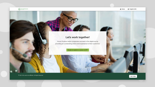 desktop screenshot of five people working at a call center with the caption saying "let's work together"