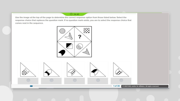 mobile screenshot of inductive assessment question with an image of various shapes with 5 possible answers